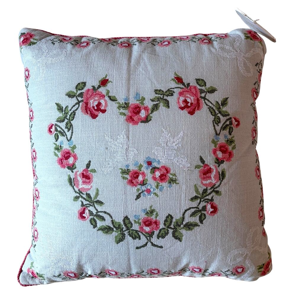 Envogue Needlepoint Heart Roses Birds Pillow 20x20 Valentines Day Decor New